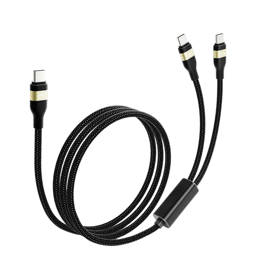 A braided USB-C cable beside a machined metal connector head