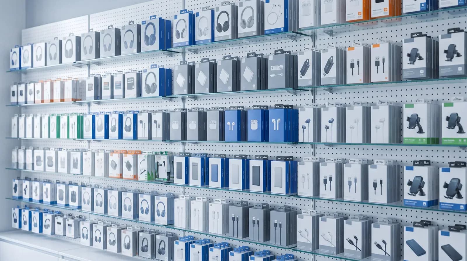 A full accessory wall — headphones, earbuds, chargers, cables and car mounts on glass shelves