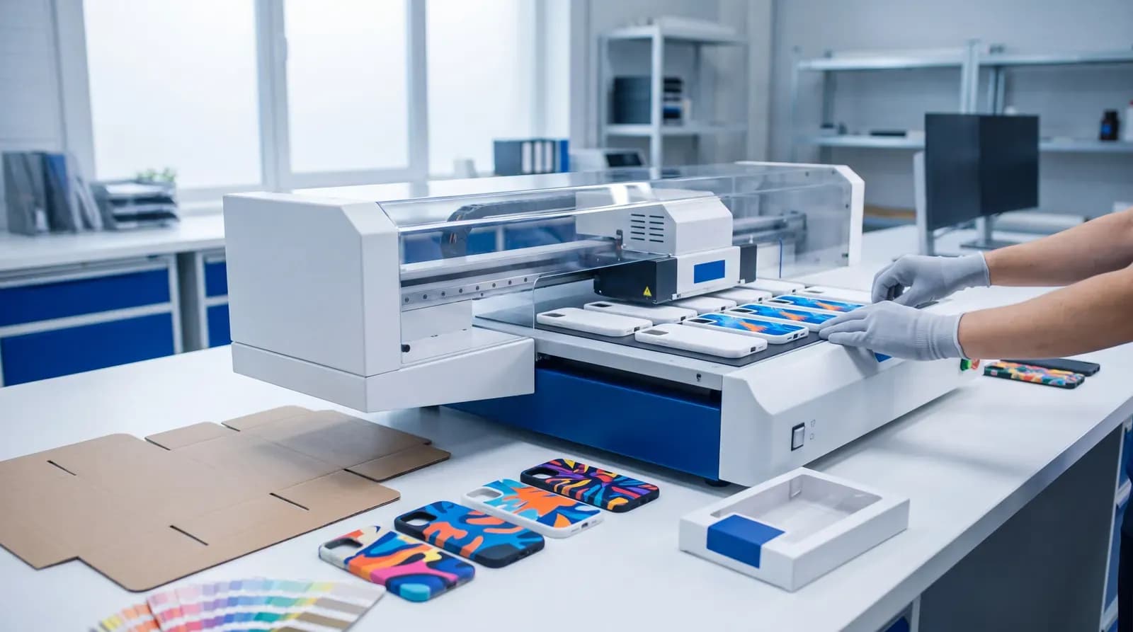 Design Lab print-on-demand — a flatbed printer finishing custom phone cases beside a retail box and colour swatches