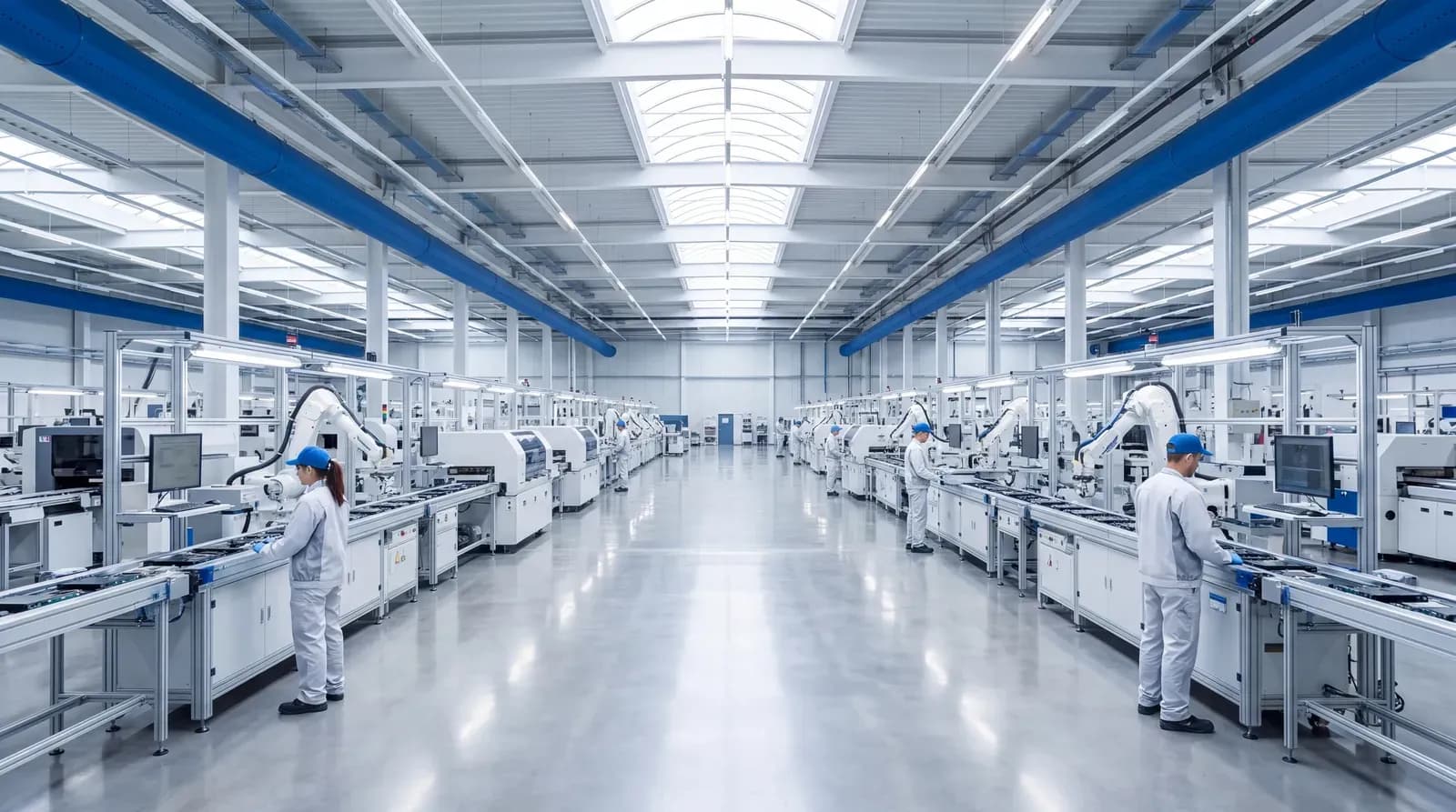 Valor's own assembly lines — technicians and robotic arms working long rows of stations under a skylit factory roof