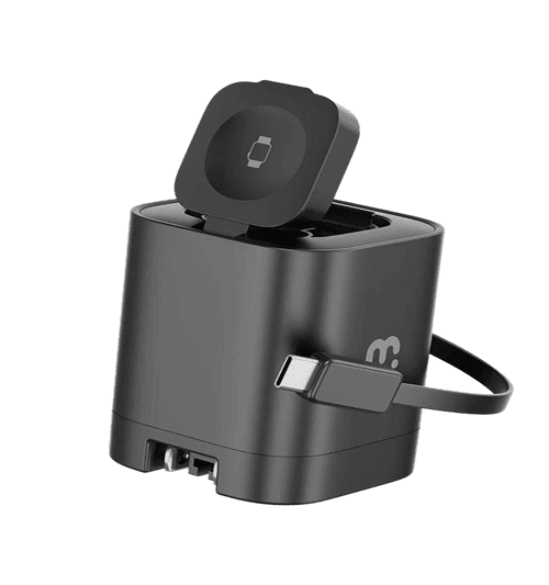 A black power bank with its wireless charging pad folded up