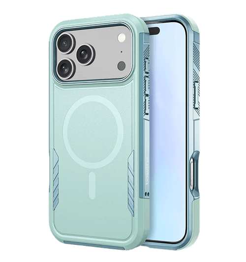 A mint MagSafe-compatible case beside the phone it is cut for