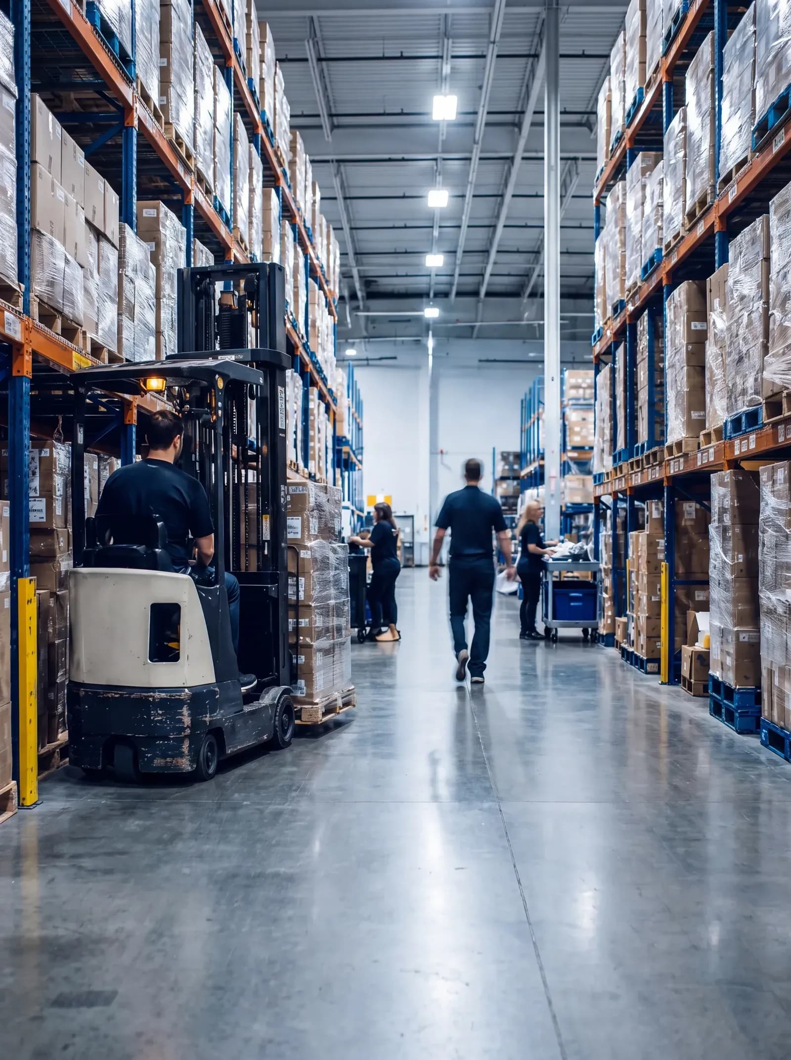 A Valor warehouse aisle: a forklift and staff between racks of pallets stacked with boxed stock