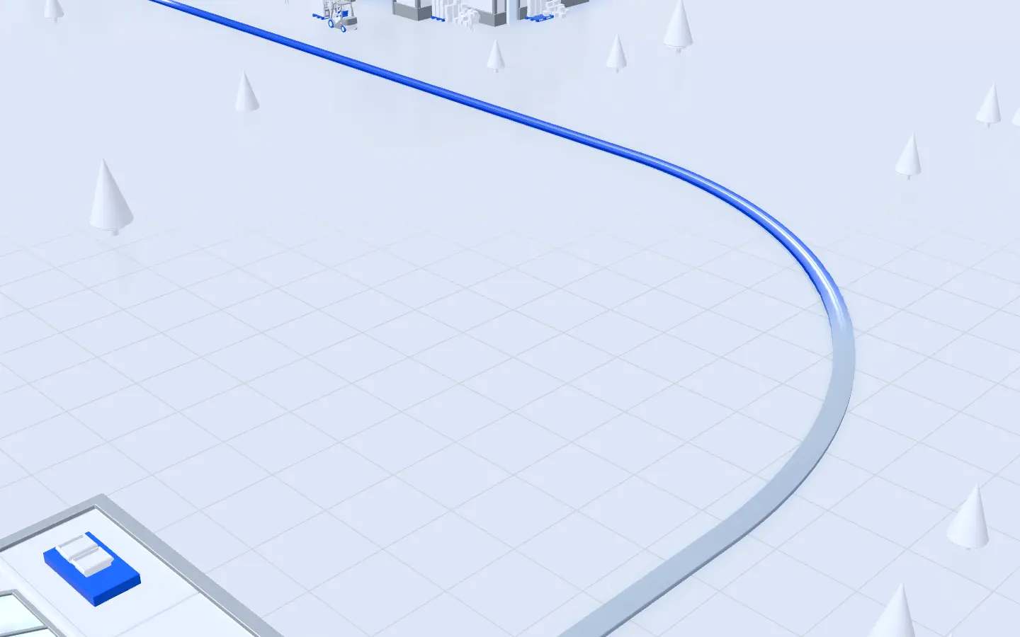 The blue line curving through the world from the factory toward the store shelf