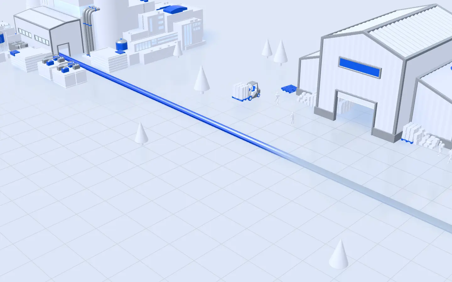 Valor’s own factory and warehouses on the blue line, a forklift loading at the door