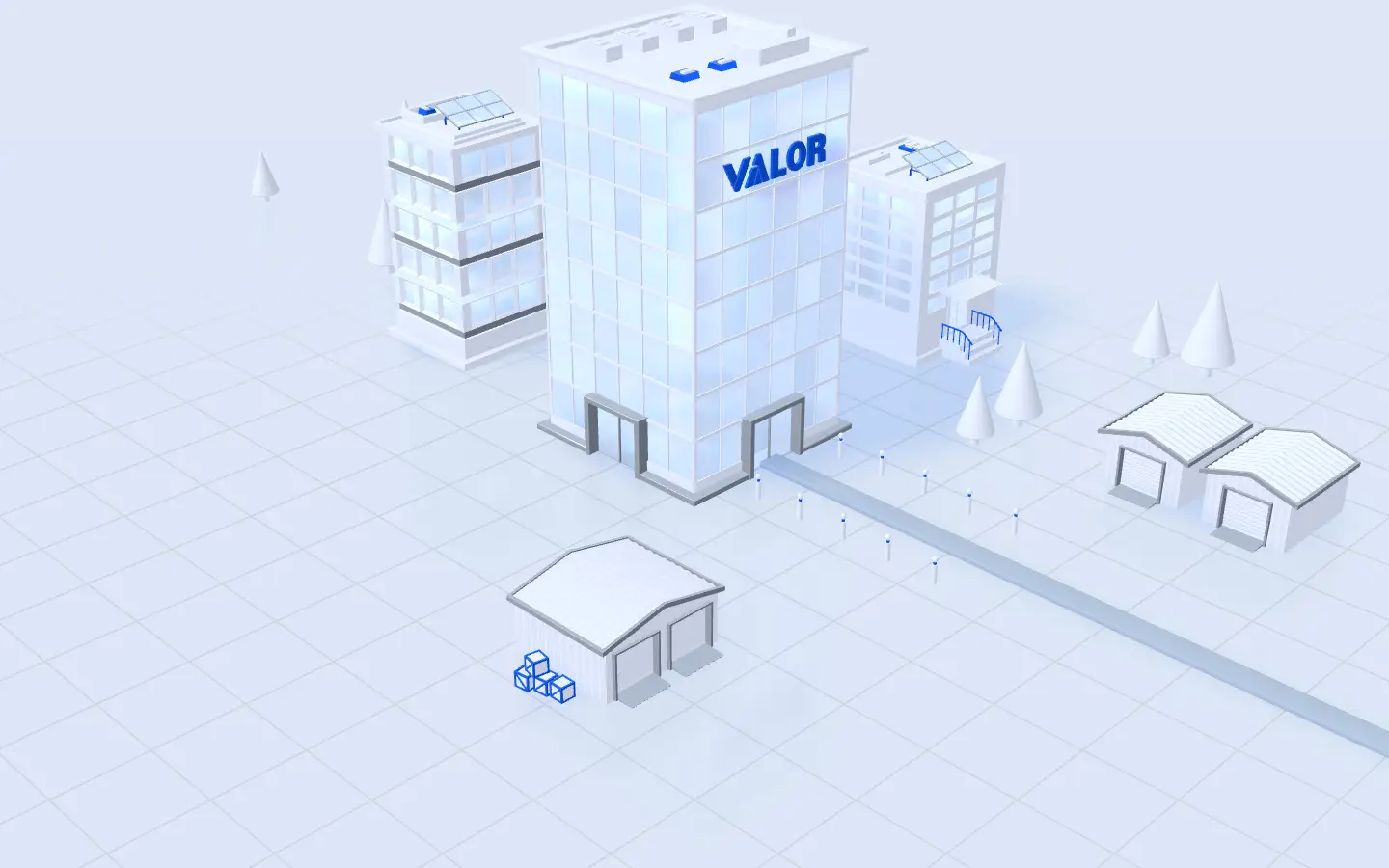 Valor’s headquarters tower among its warehouses, with the blue line setting out from it across a pale isometric world