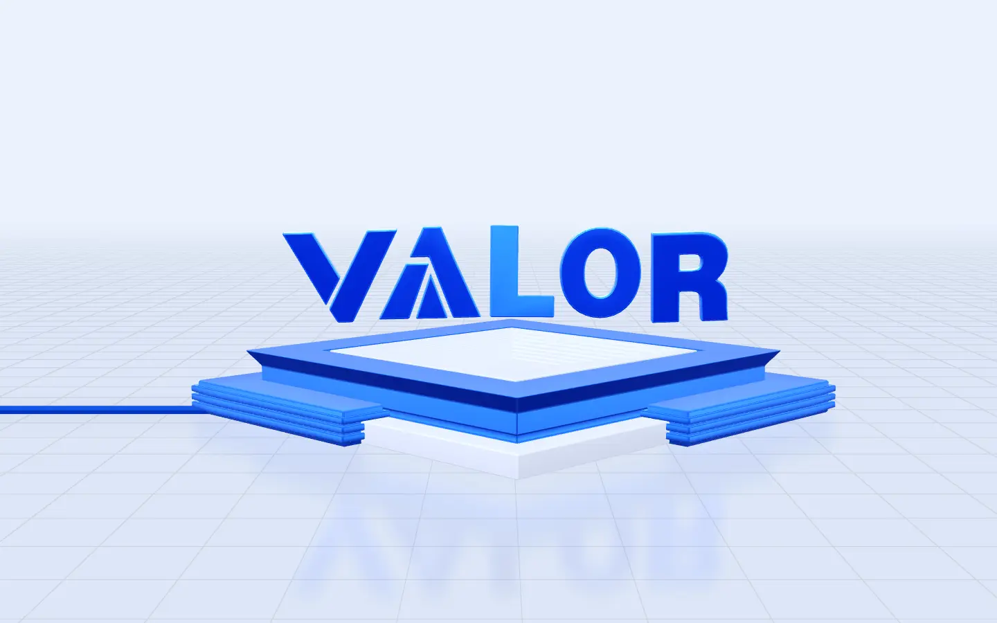 The VALOR wordmark standing on a blue plinth where the line ends